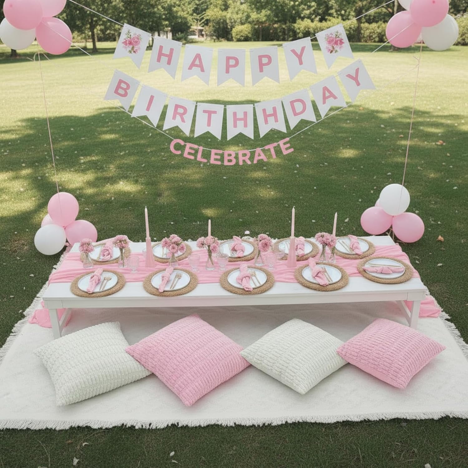 91 x 71 Extra Large Outdoor Boho Picnic Blanket with Pink Table Runner, 6 Throw Pillow Covers 6 Napkins Woven Cotton Yarn Oversize Beach Blanket Washable Picnic Camp Wedding