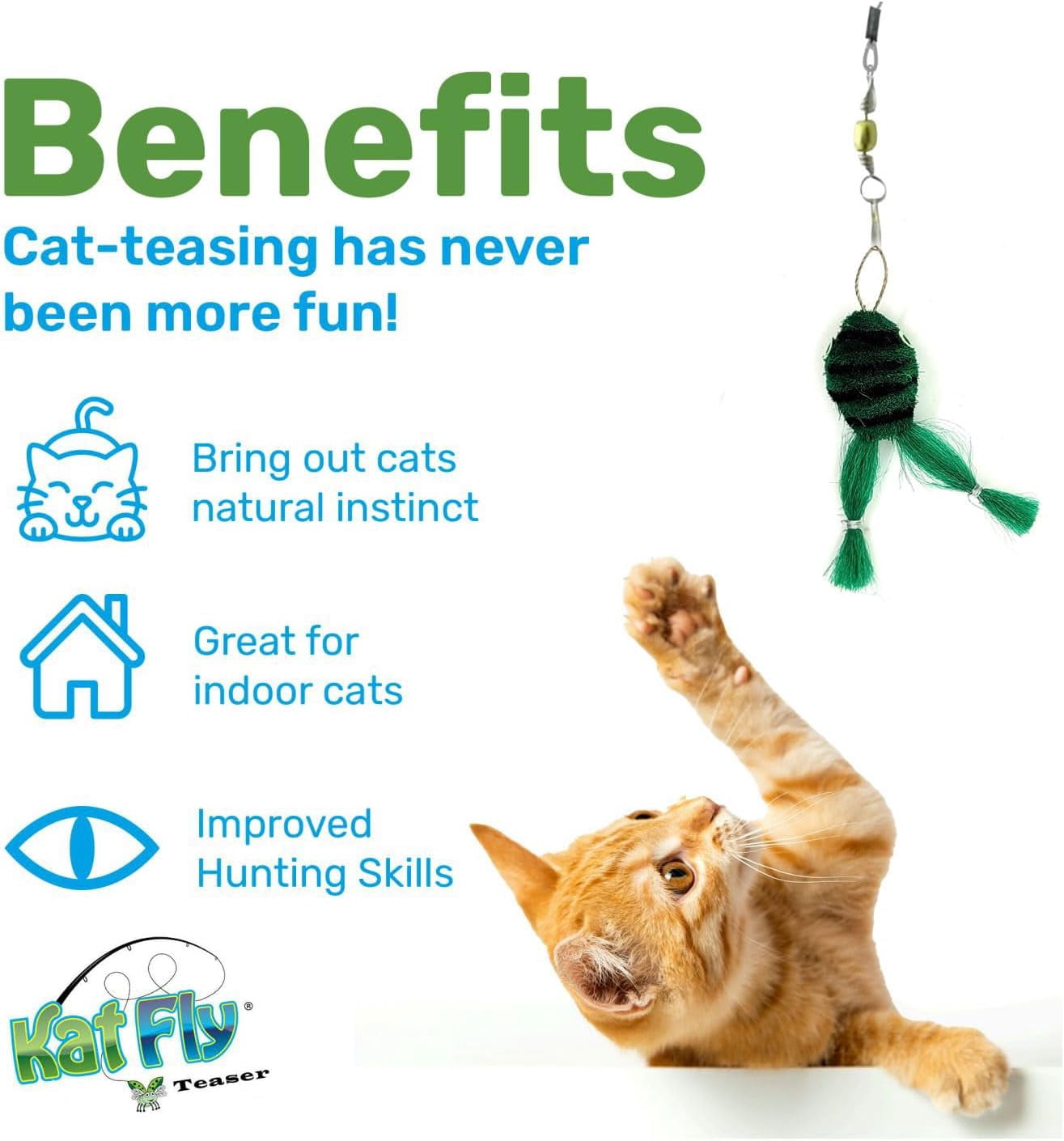 Kat Fly 3 Inch Handmade Cat Toy Teaser Wand Refill Frogs with 19 Inch White Wand - 3 Pack Green, Pink, and Purple Natural Material Toys