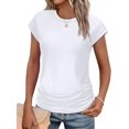 thumbnail image 3 of T-shirts d'Été pour Femmes Froncés à Manches Courtes Style Cap, T-Shirts, Col Rond, Mode, Blanc, M, 3 of 6