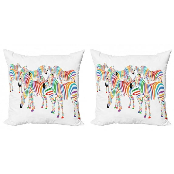 Ambesonne Funny Throw Pillow Cover 2 Pack, Rainbow Inspired Zebra Motifs, 18", Multicolor