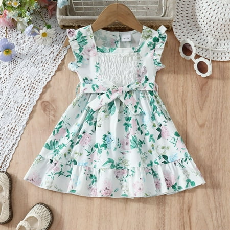 

Toddler Girls Casual Dresses Autumn Winter Sleeveless Floral Full Length Casual Green Leaf Square Neck Belt Dress Activewear