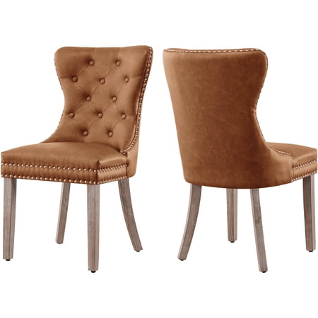 Subrtex Leather Button Anchor Studded Indoor Dining Chair Set of 2, Modern Mid-Century Chairs for Home, Amber