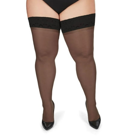 

Women s MeMoi MM-2110 Silky Sheer Lace Top Curvy Plus Thigh High (Black 5/6X)