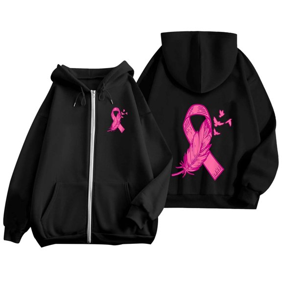 Womens Fall Zip Up Hoodies Breast Cancer Awareness SweatshirtsSurvivor Support Shirts Women, Drawstring, Pink Ribbon Print Long Sleeve Winter Comfy Track Jackets with Pocket Black 2XL