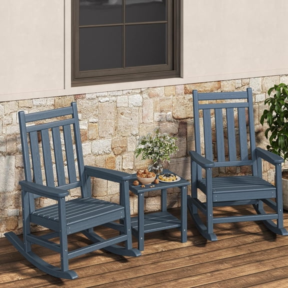 HDPE Rocking Chair Outdoor Set of 2 with Side Table Poly High Back Porch Rocker Chairs for Adults All Weather Resistant Furniture for Patio Front Porch Navy Blue