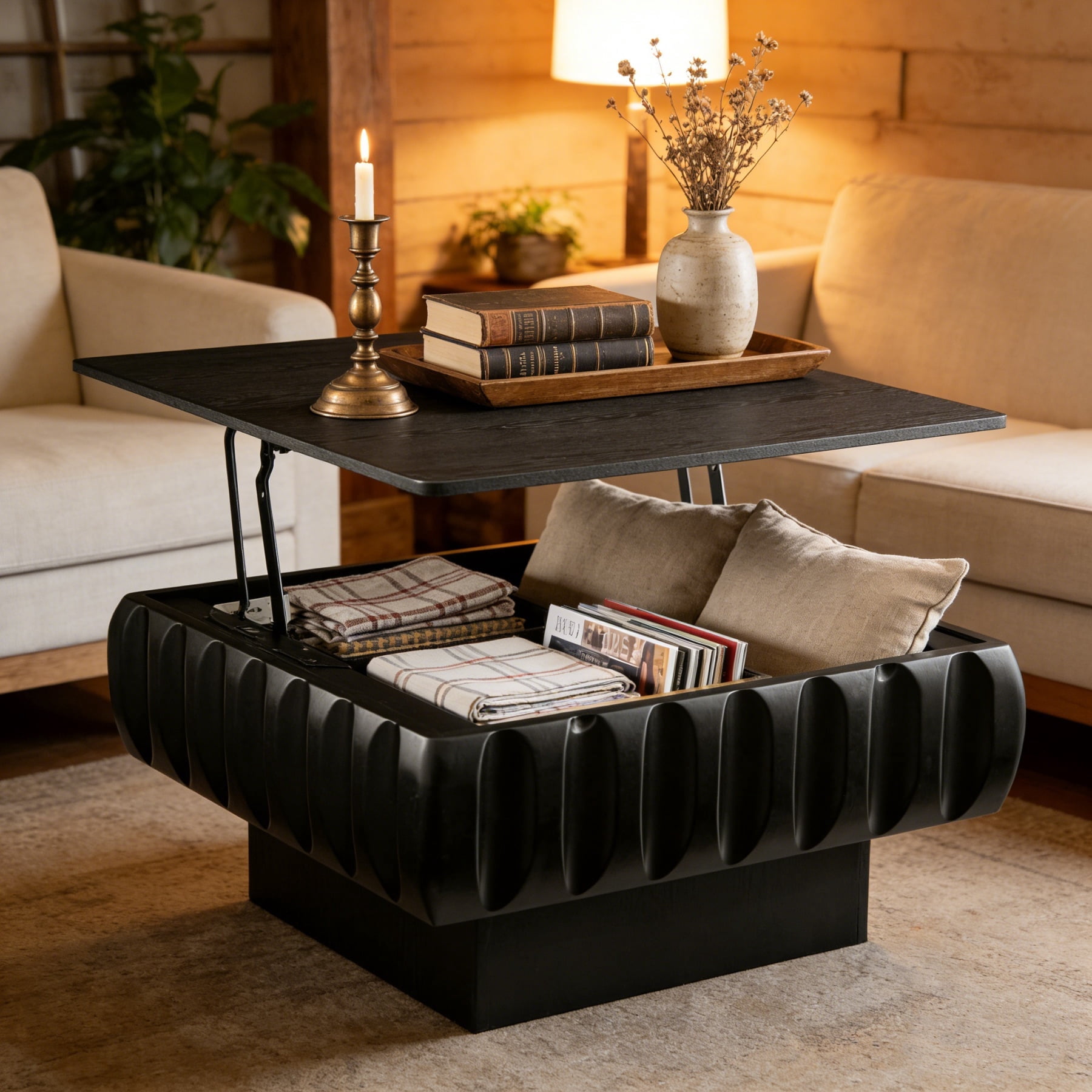 Lift Top Coffee Table with Hidden Storage, 31 inch Solid Wood Fluted Design for Small Space Living Room, Black