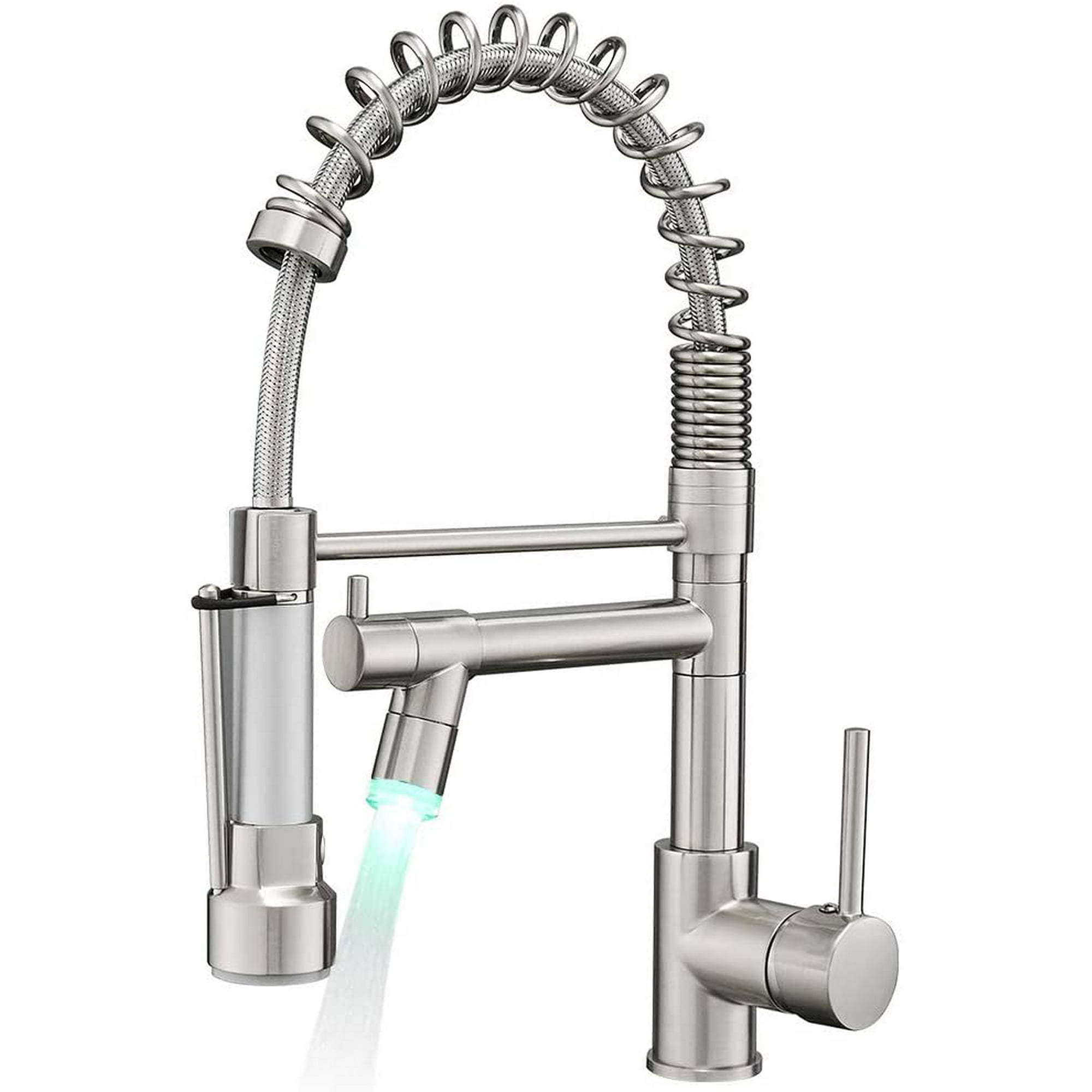 Contemporary Kitchen Sink Faucet with Pull Down Sprayer Single Handle Kitchen Faucet with Led Light Two Spout,Brushed Nickel