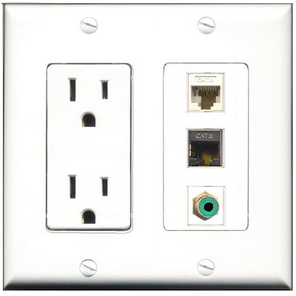 RiteAV - 15 Amp Power Outlet 1 Port RCA Green 1 Port Shielded Cat6 Ethernet Ethernet 1 Port Cat6 Ethernet Ethernet White Decorative Wall Plate