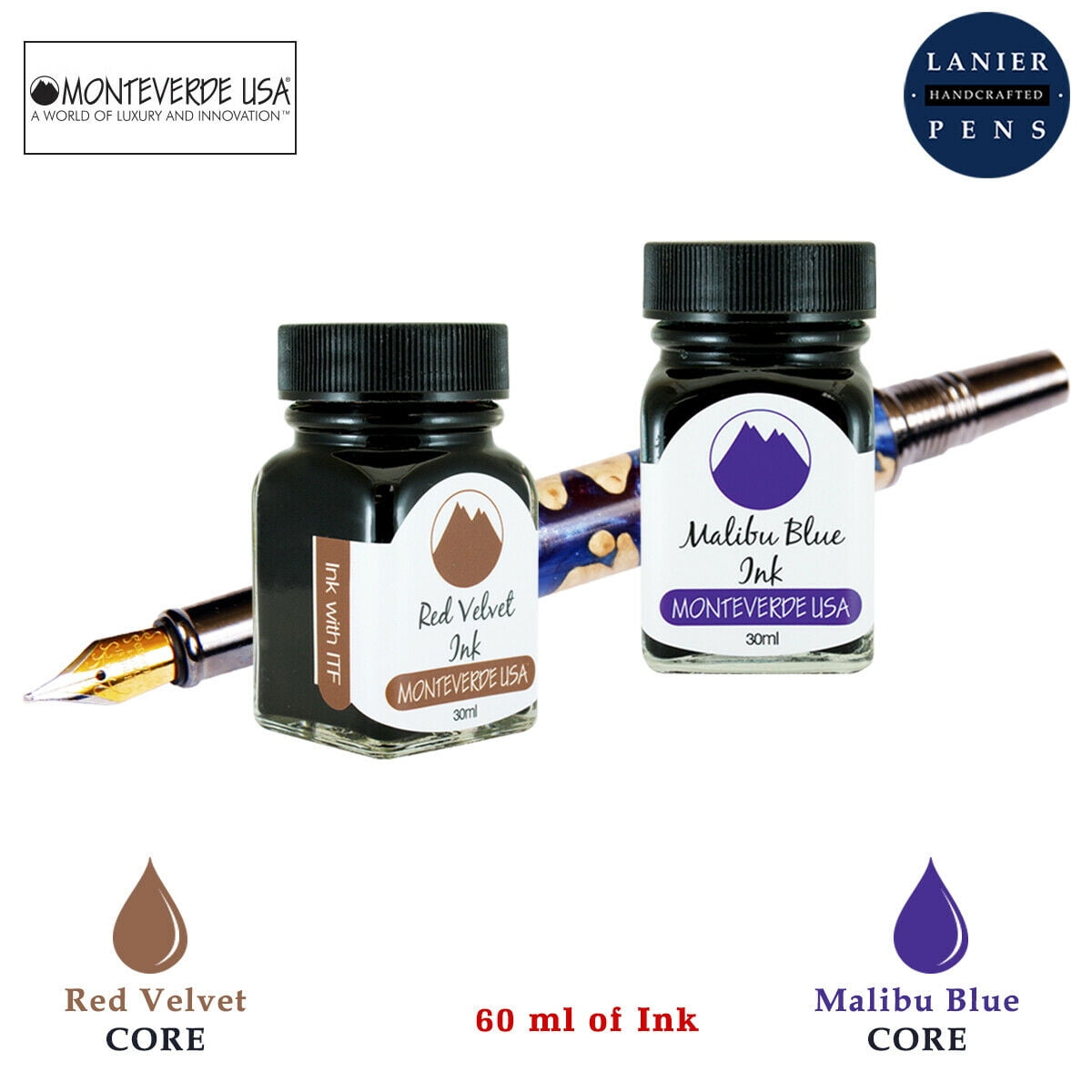 Monteverde 60ml Core Fountain Pen Ink Bottle (30ml Red Velvet Ink Bottle G309RV, 30ml Malibu Blue Ink Bottle G309MU)
