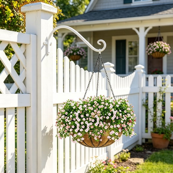 White Iron Wall Mounted Plant Hanger Heavy Duty Hook for Hanging Flower Baskets Bird Feeder Lantern Wind Chime Outdoor Porch Garden Decorative Bracket