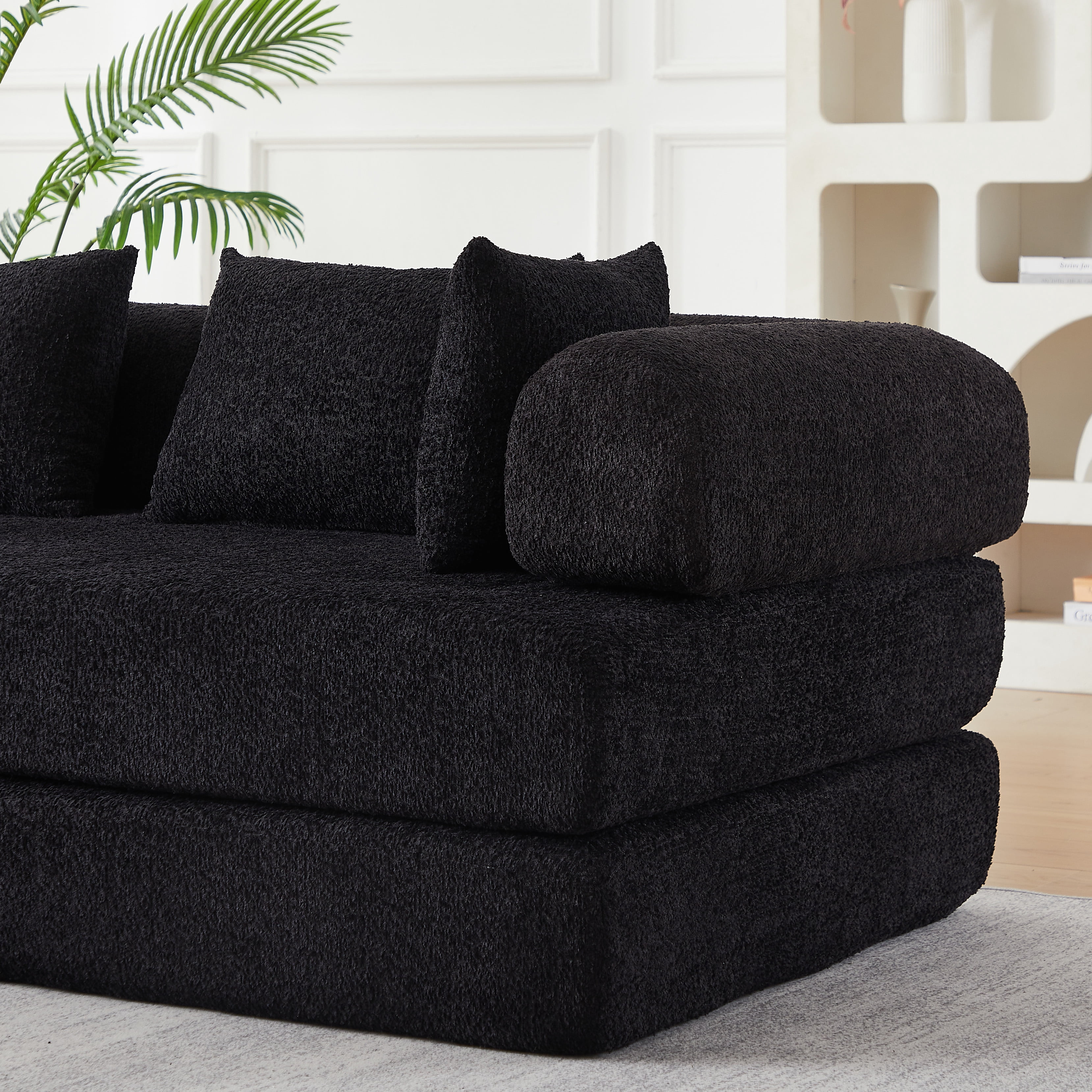 Sleeper Sofa 78.9 Inch with Chenille Fabric and Modular Design, Convertible Floor Sofa Bed and Folding Mattress Couch with Removable Armrests, Black