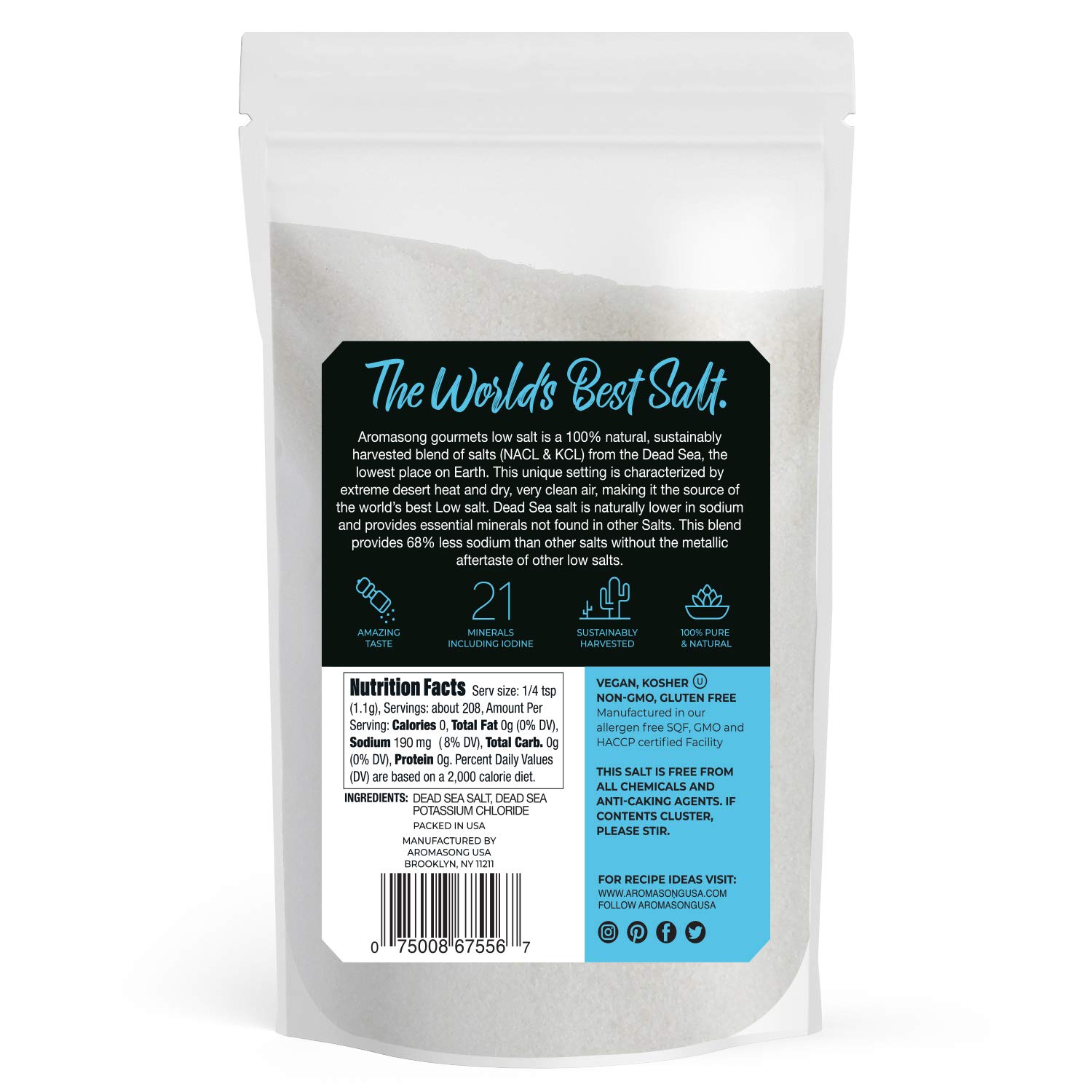 Aromasong Low Sodium Sea Salt  100% Natural 68% Less Sodium 19 lb. Bag