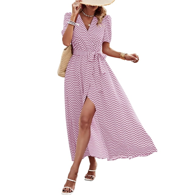 Vestido PRETTYGARDEN XXL Lunares Rosa Blanco Cruzado Cuello en V Maxi