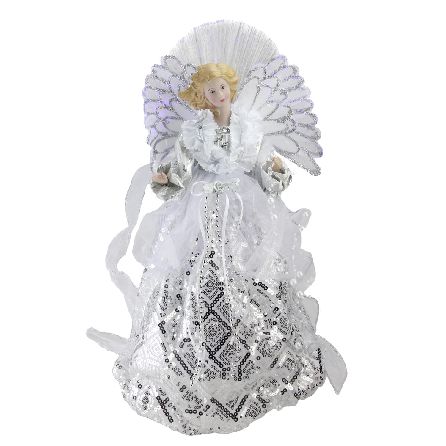 16" Lighted Fiber Optic Angel in White and Silver Sequined Gown