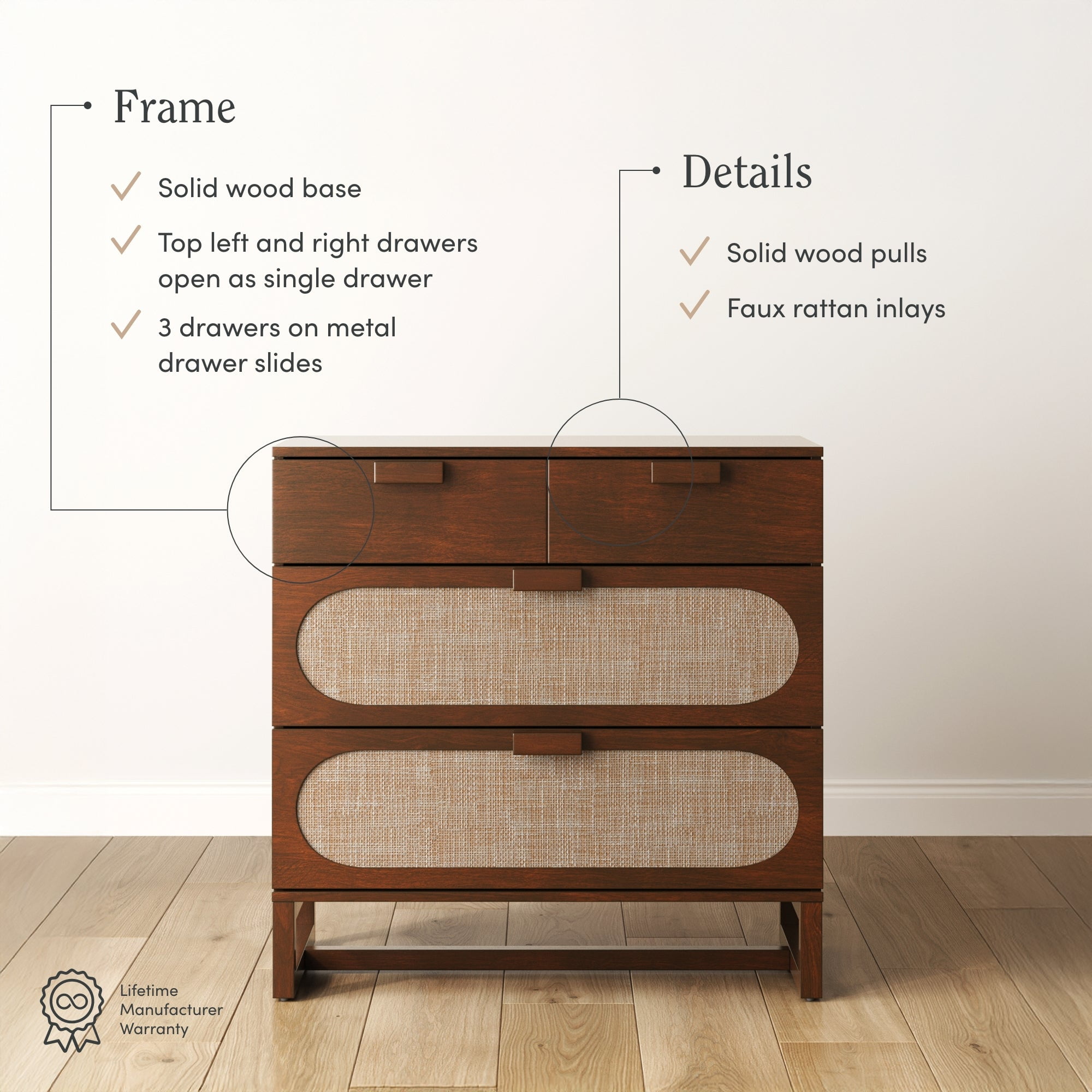 Nathan James Paxton Mid-Century Modern Dresser for Bedroom, 3-Drawer Dresser with Solid Wood Frame and Textilene Rattan Accent, Dark Walnut