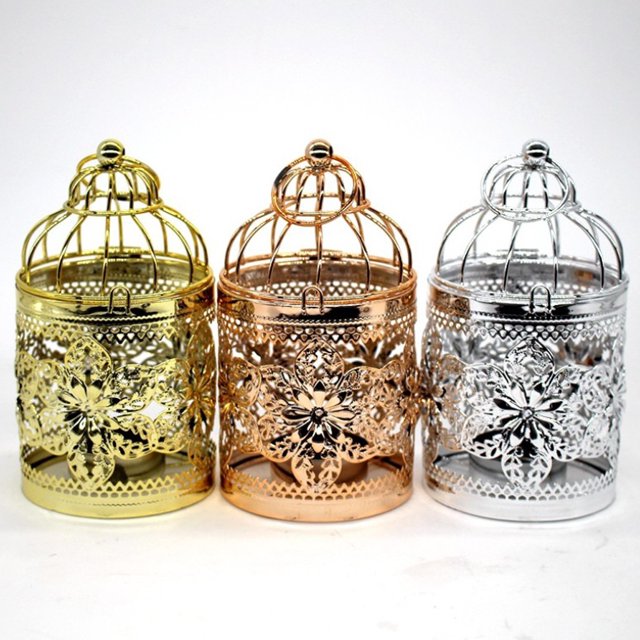 Ruiboury Electroplated Metal Birdcage Shape Tea Light Candle B- Holder Rose Gold Type A 1Set