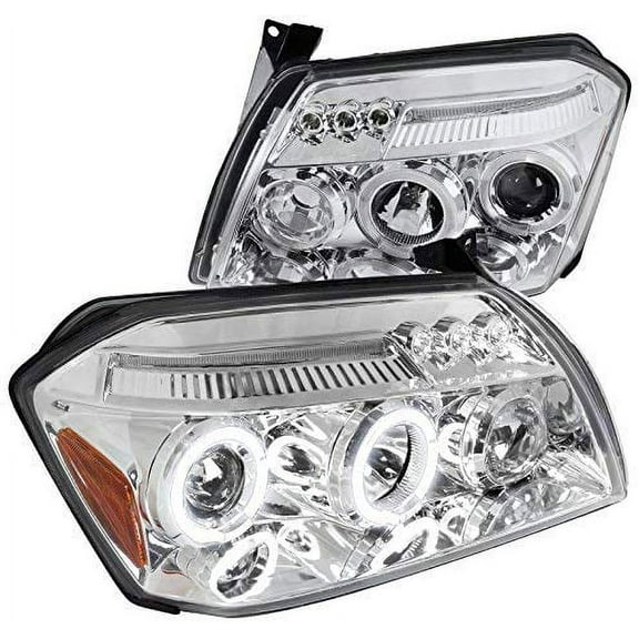 LED Halo Projector Headlight In Chrome Housing Clear Lens Made For And Compatible With 2005 - 2007 Dodge Magnum 05 06 07
