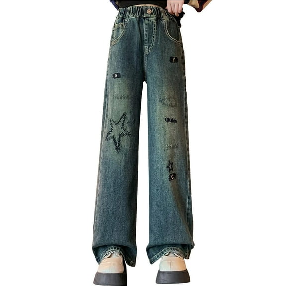 KAUOD Baggy Jeans for Girls Wide Leg Jeans Y2K Distressed Jeans Kids Elastic Waist Straight Leg Denim Pants Streetwear