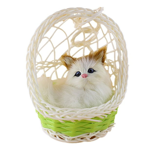Cute Simulation Cat Kitten Plush Doll Toy Desktop Figurine with Hanging Basket