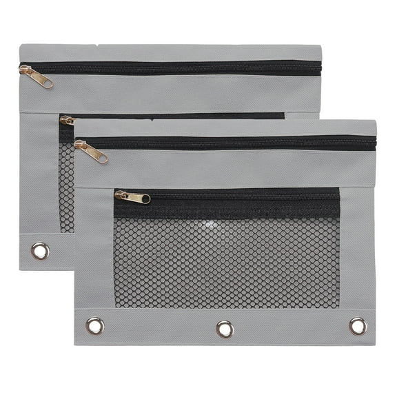 warehouse Pencil Pouch 3 Ring, Zipper Pencil Pouches Case Binder Cosmetic Bag Gray 2 Pack