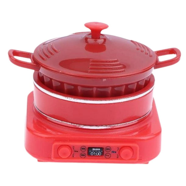 Estufa de inducción con olla a escala 1/12, mini electrodoméstico de cocina realista para escenas de casas de muñecas, accesorios para aficionados. Rojo