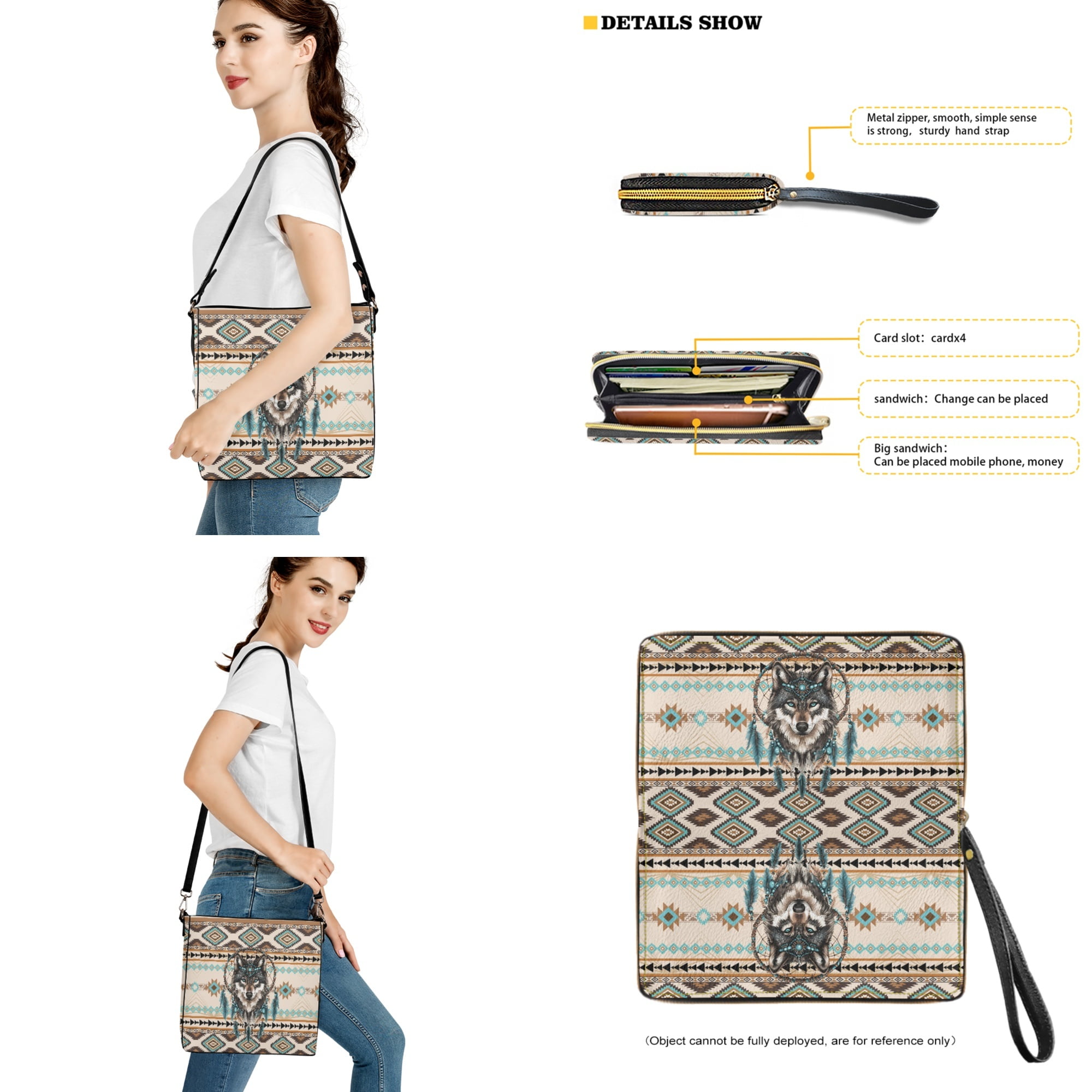 ZUXONGSY Aztec Wolf Dreamcatcher Print Crossbody Handbag with Leather Wallet for Women Casual Leather Crossbody Handbag with Wrist Wallet Trendy 2 Pcs Bucket Purse Set for Workout
