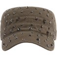 thumbnail image 7 of Byfri Studded Cadet Cap Khaki Cotton Adjustable Flat Top Hat for Men Women Streetwear, 7 of 7