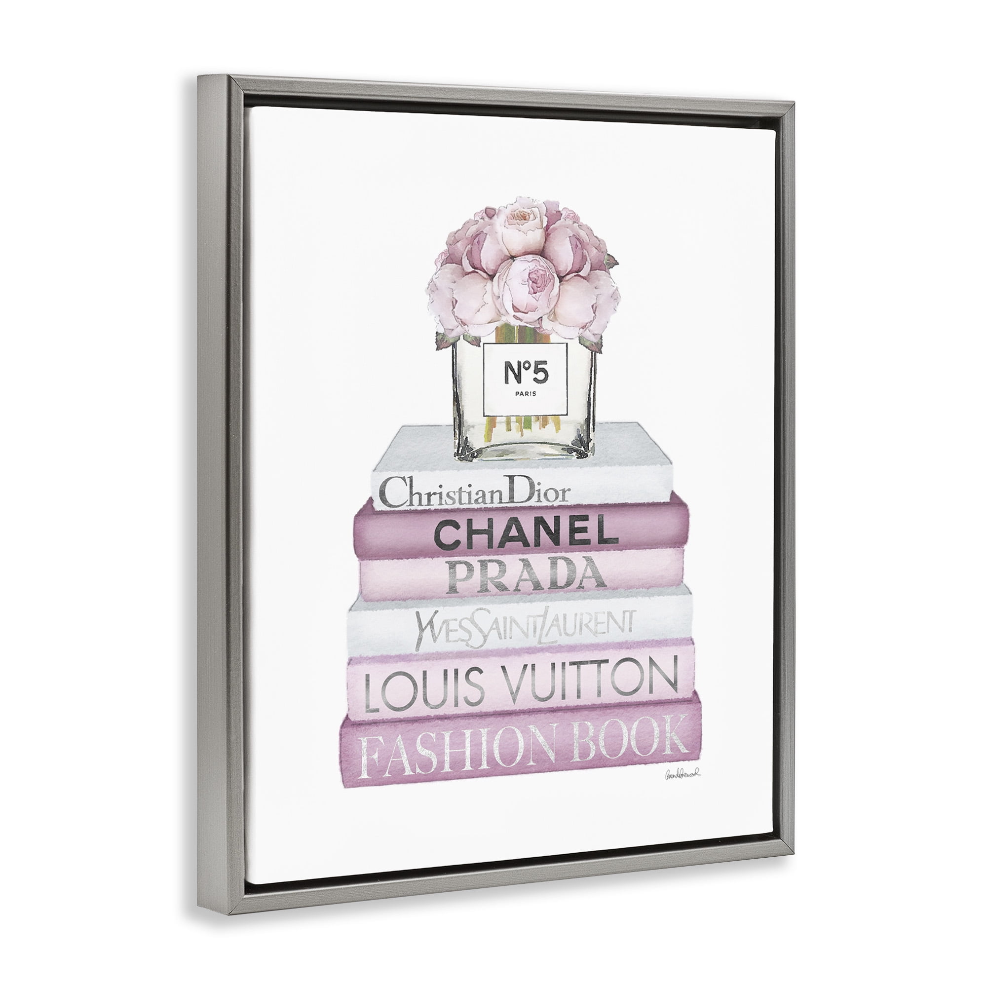 Stupell Industries Rose Bouquet & Designer Bookstack Beauty & Fashion Painting Gray Floater Framed Canvas Art Print Wall Art, 17 x 21