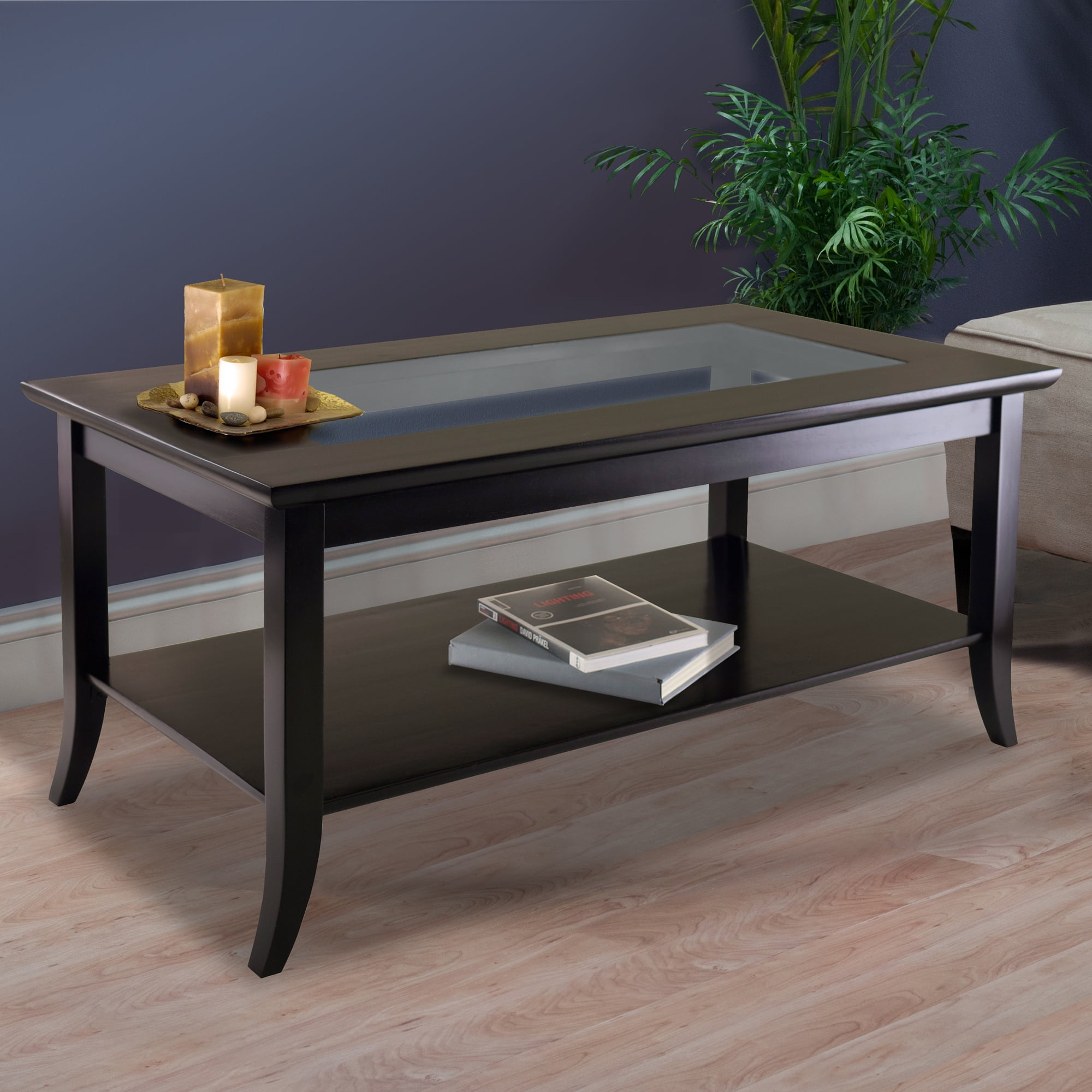 Espresso Winsome Genoa Rectangular Coffee Table with Glass Top and Shelf & Wood Genoa Occasional Table 