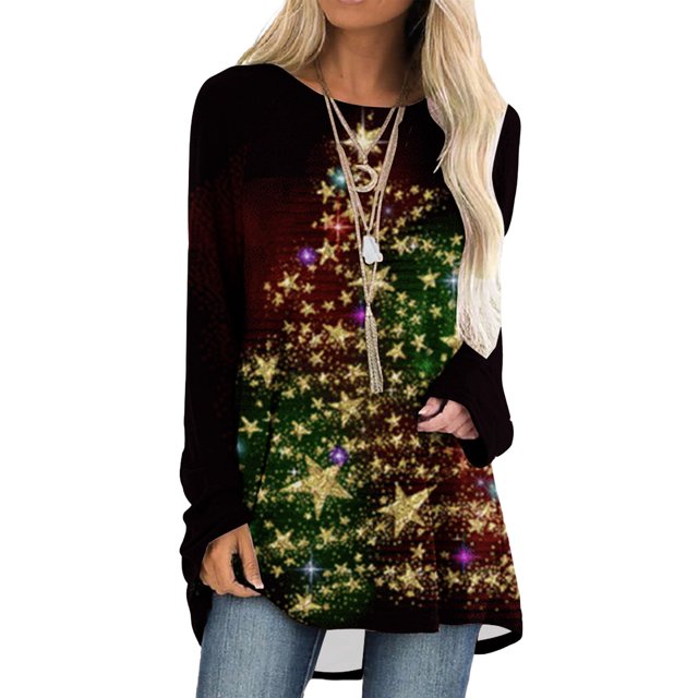 UKAP Hauts de Noël pour Femmes Manches Longues T-shirt Col Rond de Noël Mignon T-shirt de Vacances Imprimé Taille 3TG