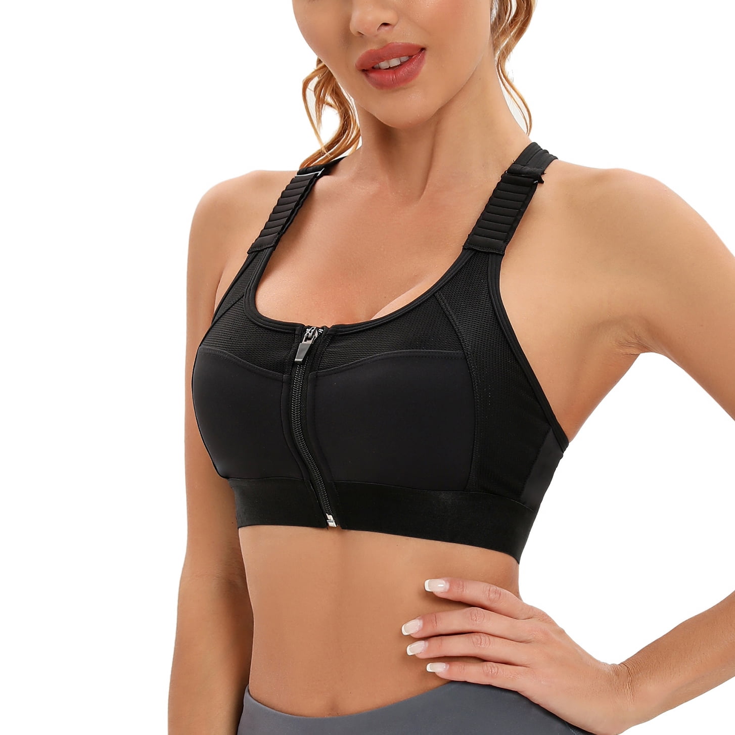 RUNNING GIRL Women Sports Bra with Zipper Front High Impact Racerback