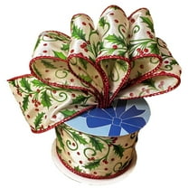 Christmas Holly Mistletoe Wired Ribbon - 2 1/2" x 10 Yards, Gift Wrapping Decor, Wreath Decoration, Tree Topper