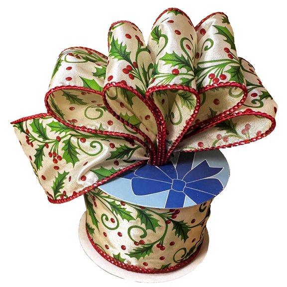 Christmas Holly Mistletoe Wired Ribbon - 2 1/2" x 10 Yards, Gift Wrapping Decor, Wreath Decoration, Tree Topper