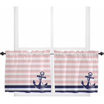 Anchor Gray Kitchen Curtain 36 Inch Length Small Short Cafe Tiers Curtains Drape, Modern Navy Blue White Striped Nautical Window Treatment Rod Pocket Drapery Panels Curtains, 27.5x36