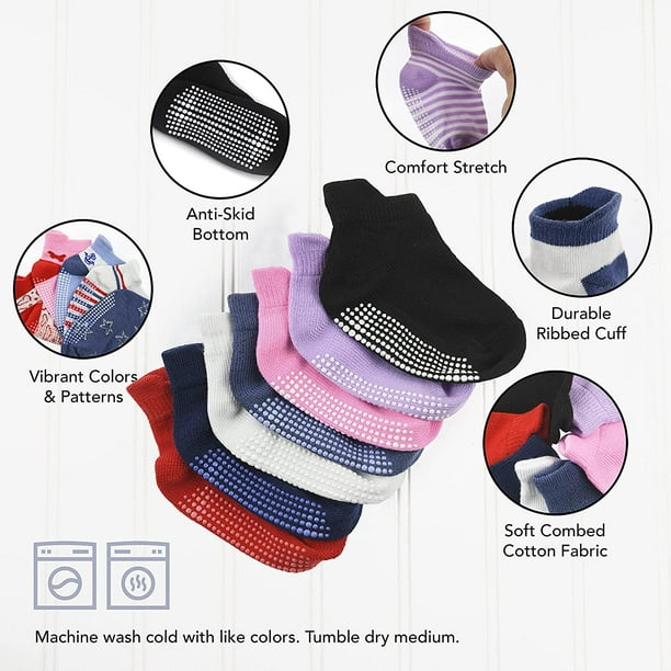 12 Pairs Non-Slip Toddler Socks With Grips for Baby Boys and Girls -  Anti-Slip Ankle Socks for Infant's and Kids Black 6-12 Months