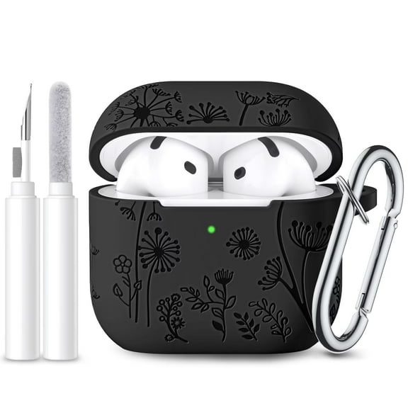 Comvin for Apple AirPods 4 Case Cover 2024, Cute Flower Engraved Silicone Case for AirPods 4 Case with Cleaner Kit & Keychain for Women Men, Black