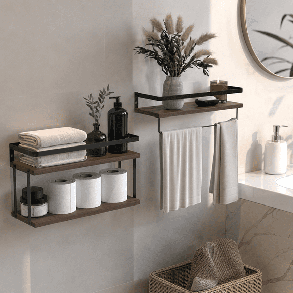 Floating Shelves Wall Mount Wood Metal 2 Tier 3 Board Rustic Brown Towel Bar Tissue Rack Bathroom