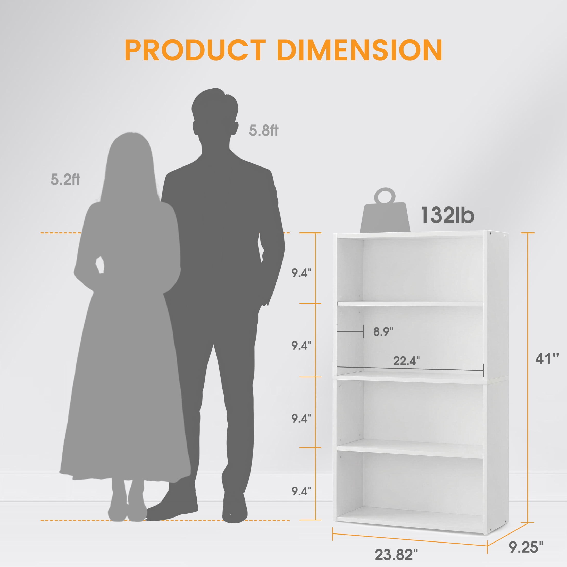 CONCETTA 4 Shelf Bookcase, 42 Inch Tall Floor Standing Open Bookshelf for Home Office and Living Room, White