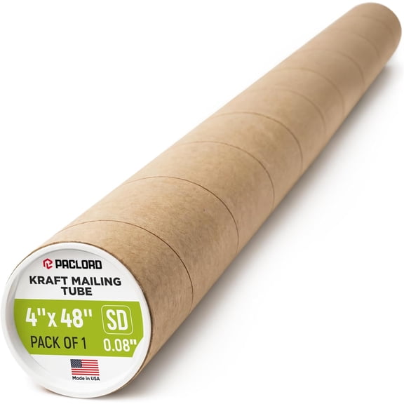 4" x 48" Reinforced Kraft Paper Mailing Tube, Pack of 1 Tube with 2 Caps – USPS Approved Poster Tube – Made in USA Cardboard Tube for Shipping and Storing Posters, Prints, Artwork, or Documents