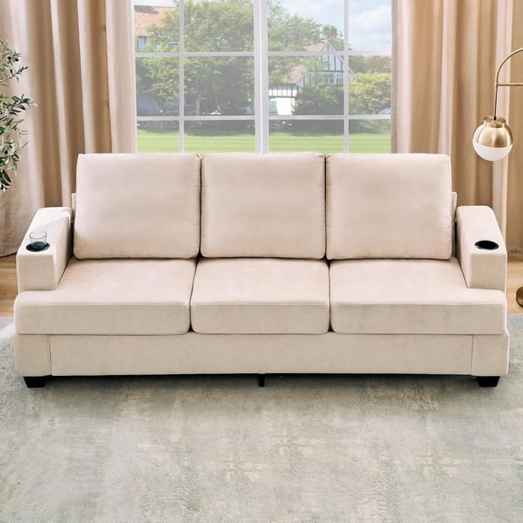 Modern 89 in 3-Seater Sofa for Living Room, Comfy Couches with Deep Seat, Chenille Couch with Cup Holders and Side Storage Pockets for Apartment Lounge, Beige
