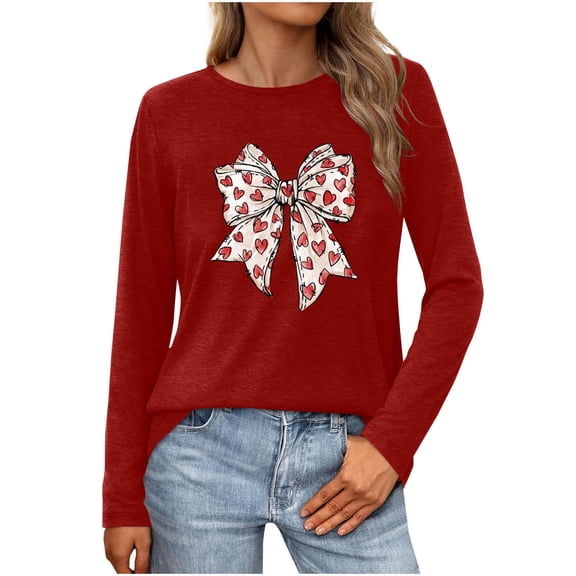 Womens Valentine's Day Printed Tops Long Sleeve Round Neck Casual Comfortable Trendy Holiday Pullover Shirts (M, Red)