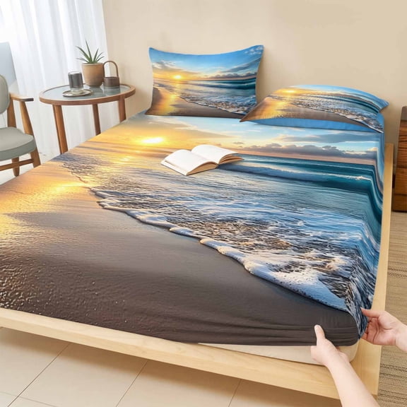 King Size Fitted Sheet Set - Summer Beach 3 Piece Bedding Sets 16" Deep Pocket Fitted Sheet with 2 Pillowcases, Sunset Ocean Coastal Nautical Brushed Microfiber Hotel Luxury Bed Sheets