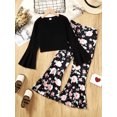 thumbnail image 3 of Mikrdoo Kids Girls Pants Sets Solid Color 13-14 Years Big Girls Long Pagoda Sleeve Tops Floral Print Bell-bottomed Pants 2Pcs Outfits Black, 3 of 8