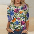 thumbnail image 2 of TSADFHJI Hauts d'Hiver pour Femmes, T-Shirt Décontracté à Imprimé Floral, Col Rond, Manches 3/4, Coupe Ample, Bleu Top S, 2 of 5