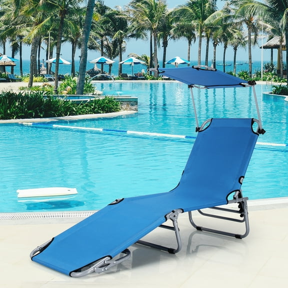Gymax Foldable Lounge Chair Adjustable Outdoor Beach Patio Pool Recliner Blue W/ Sun Shade