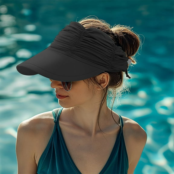 Women Sun Beach Visor Cap UV Protection with Wide Brim - Summer Beach Packable Visor -For Outdoor Beach And Swimming - Black