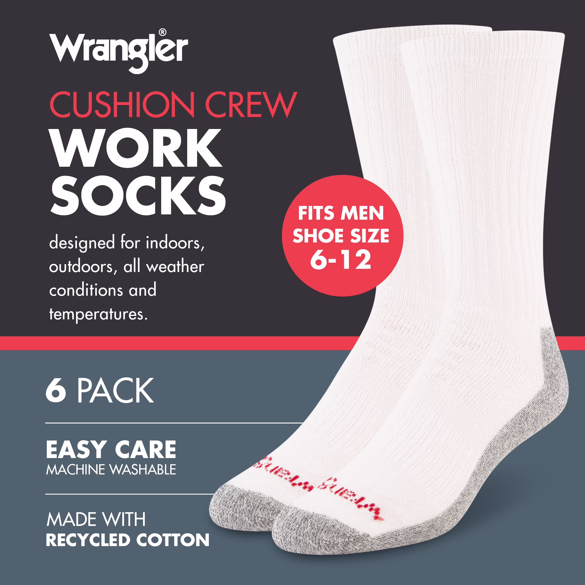 Wrangler Men's Cushion Crew Socks, Work Socks for Men, White, 6 Pack