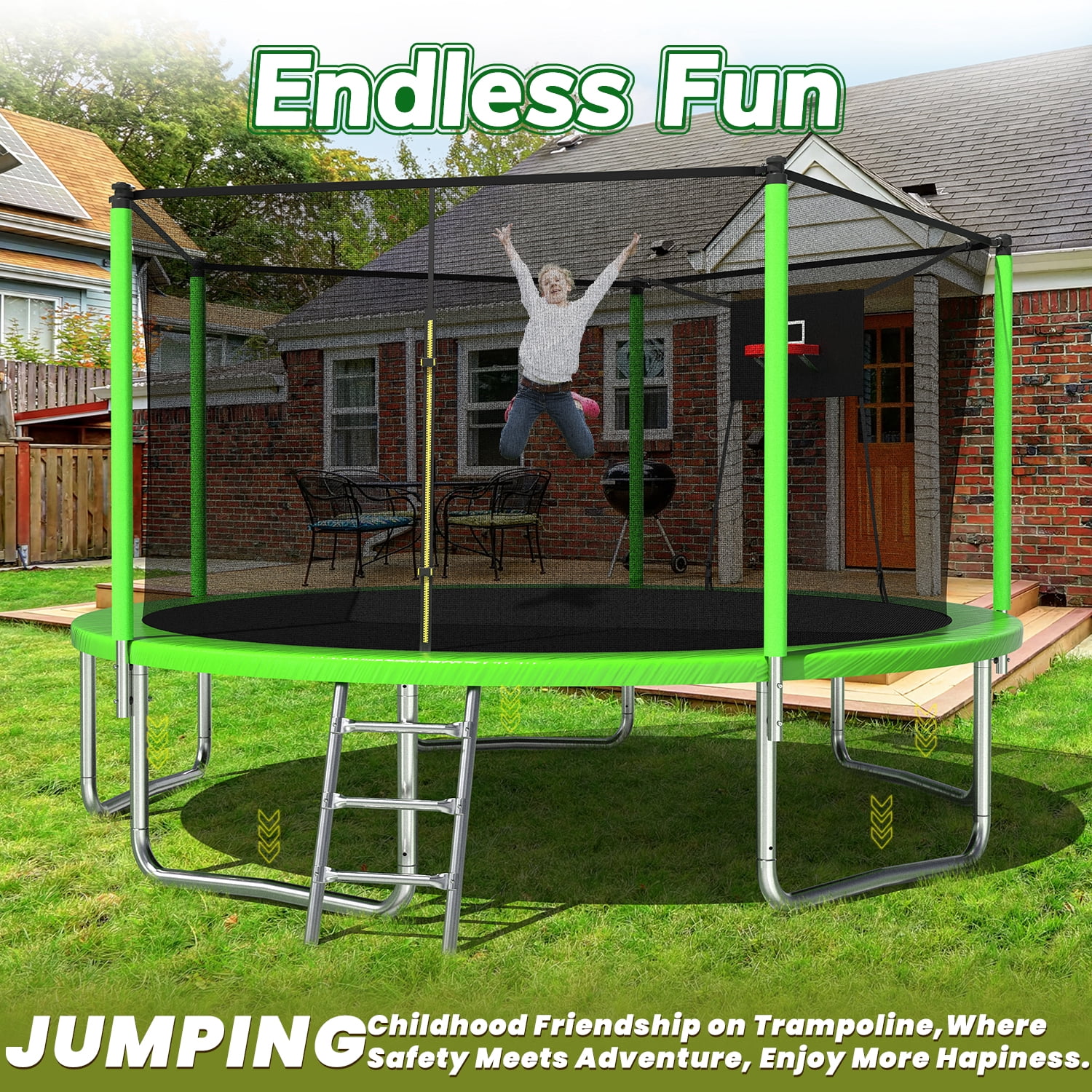 Leumius 14ft Trampoline with Basketball Hoop,Heavy-Duty Outdoor Trampoline with with Enclosure Net,Upgraded Kids Recreational Trampoline for Family,Green