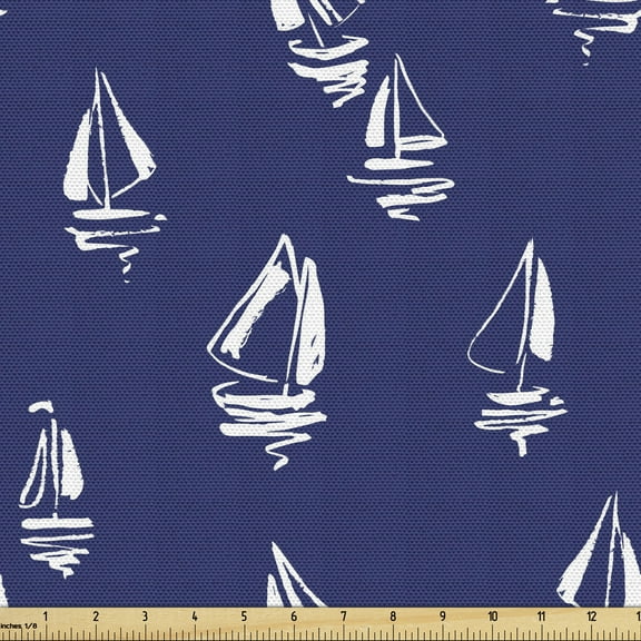 Ambesonne Navy Blue Fabric by the Yard Upholstery, Sailing Yacht Doodle, 10 Yards, Dark Blue White