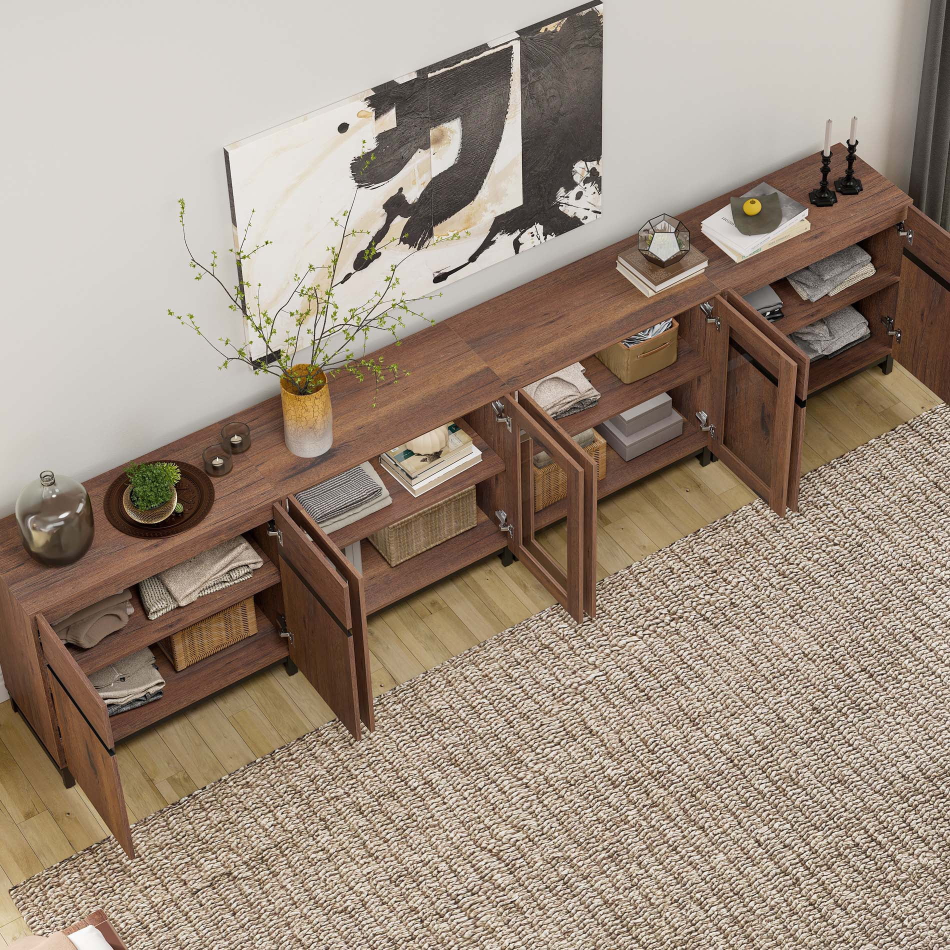 Modern 4-in-1 Storage Chest, Multifunctional Dresser with Glass Doors & Adjustable Shelves, Versatile Closet Organizer Cabinet for Bedroom Living Room,Brown
